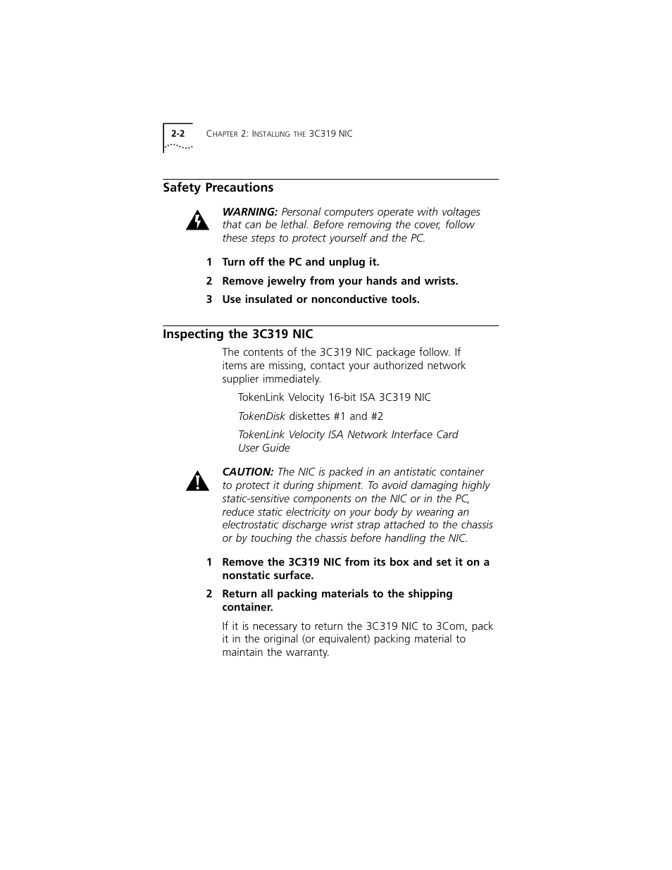 Safety precautions, Inspecting the 3c319 nic, Safety precautions 2-2 | Inspecting the 3c319 nic 2-2 | 3Com 3C319 User Manual | Page 22 / 110