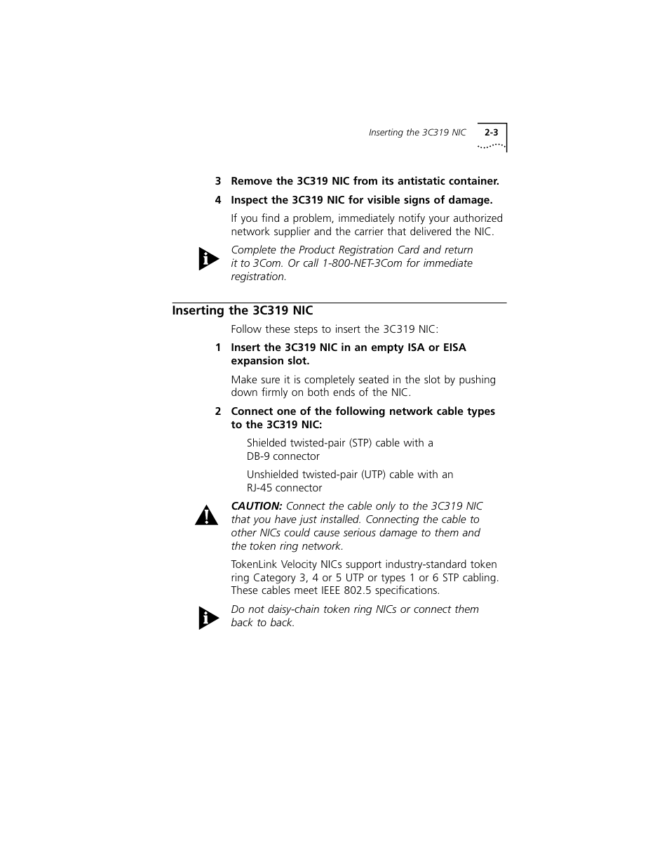 Inserting the 3c319 nic, Inserting the 3c319 nic 2-3 | 3Com 3C319 User Manual | Page 23 / 110