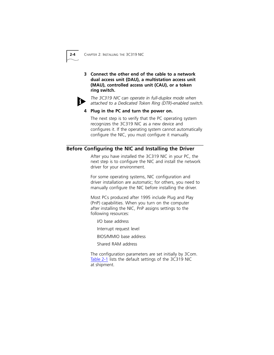 Before configuring the nic and installing the driv | 3Com 3C319 User Manual | Page 24 / 110