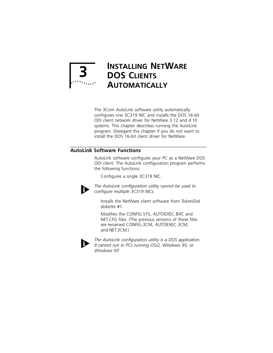 Installing netware dos clients automatically, Autolink software functions, Nstalling | Dos c, Lients, Utomatically, Autolink software functions 3-1, Chapter 3, Describes using the 3com autolink utility | 3Com 3C319 User Manual | Page 29 / 110