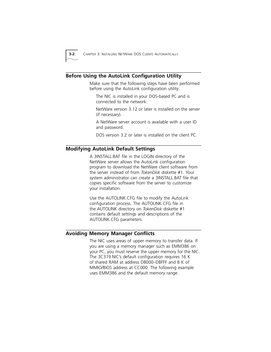 Before using the autolink configuration utility, Modifying autolink default settings, Avoiding memory manager conflicts | Modifying autolink default settings 3-2, Avoiding memory manager conflicts 3-2 | 3Com 3C319 User Manual | Page 30 / 110