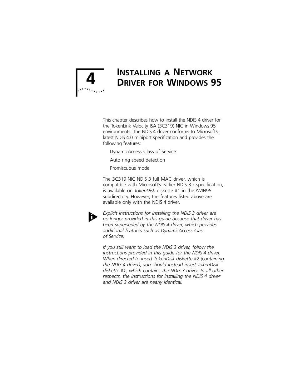 Installing a network driver for windows95, Nstalling, Etwork | River, Indows, Chapter 4, Installing a network driver for, Windows 95, Installing a network driver for windows 95 | 3Com 3C319 User Manual | Page 33 / 110