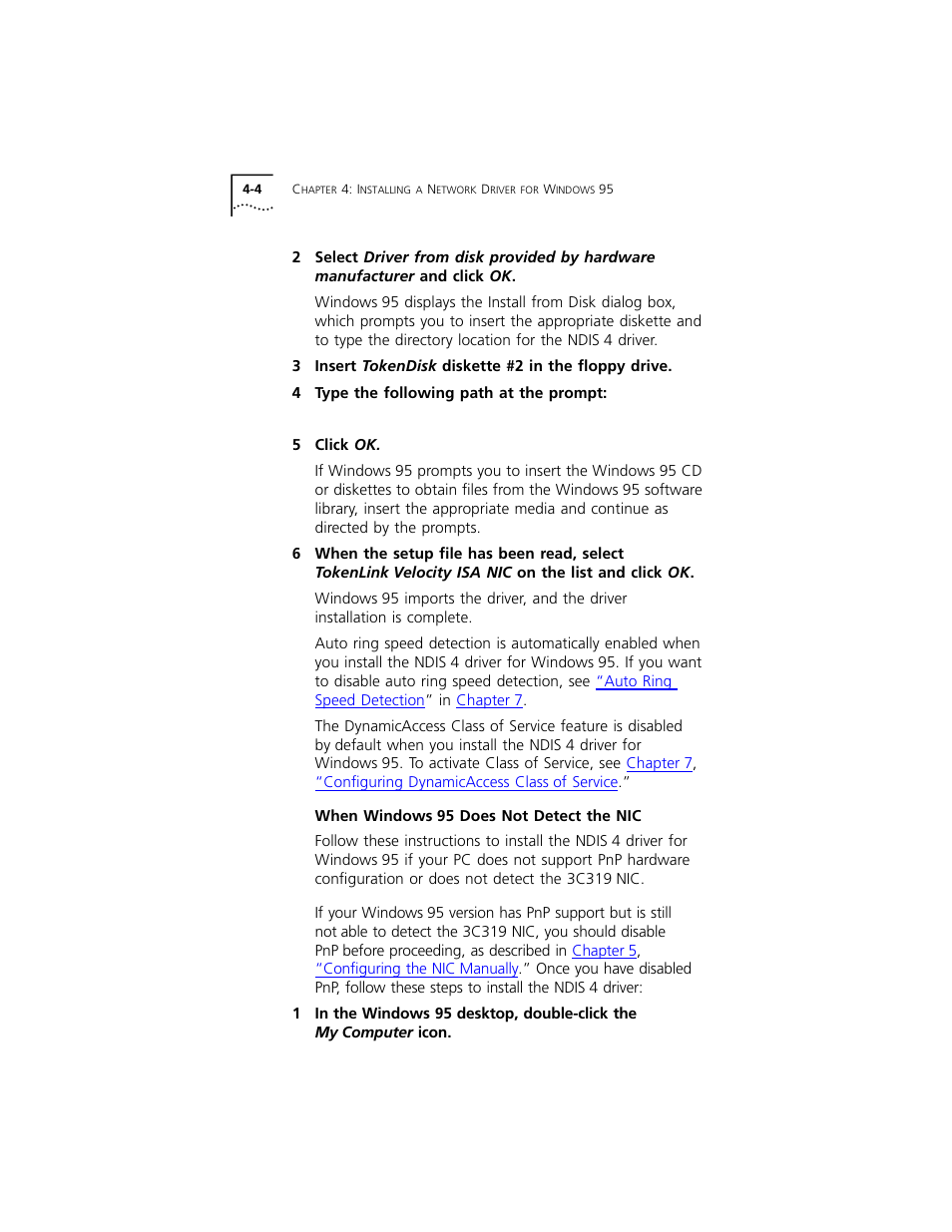 When windows95 does not detect the nic, When windows 95 does not detect the nic 4-4, When | Windows 95 does not detect the nic | 3Com 3C319 User Manual | Page 36 / 110