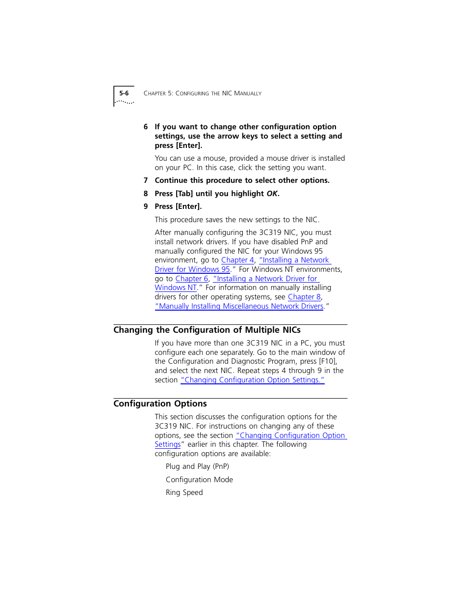 Changing the configuration of multiple nics, Configuration options, Changing the configuration of multiple nics 5-6 | Configuration options 5-6 | 3Com 3C319 User Manual | Page 46 / 110