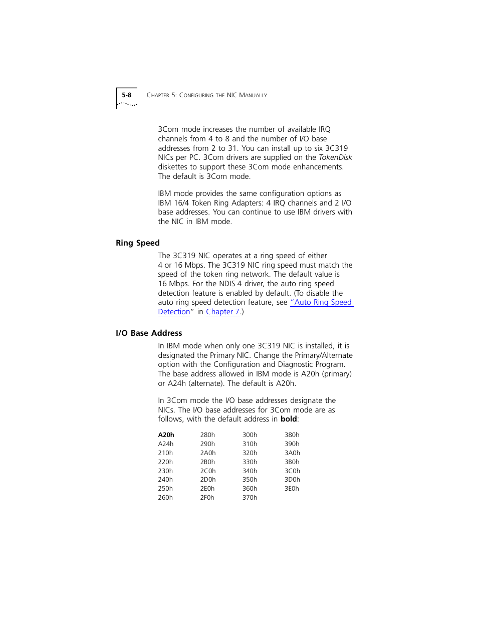 Ring speed, I/o base address, Ring speed 5-8 | I/o base address 5-8 | 3Com 3C319 User Manual | Page 48 / 110