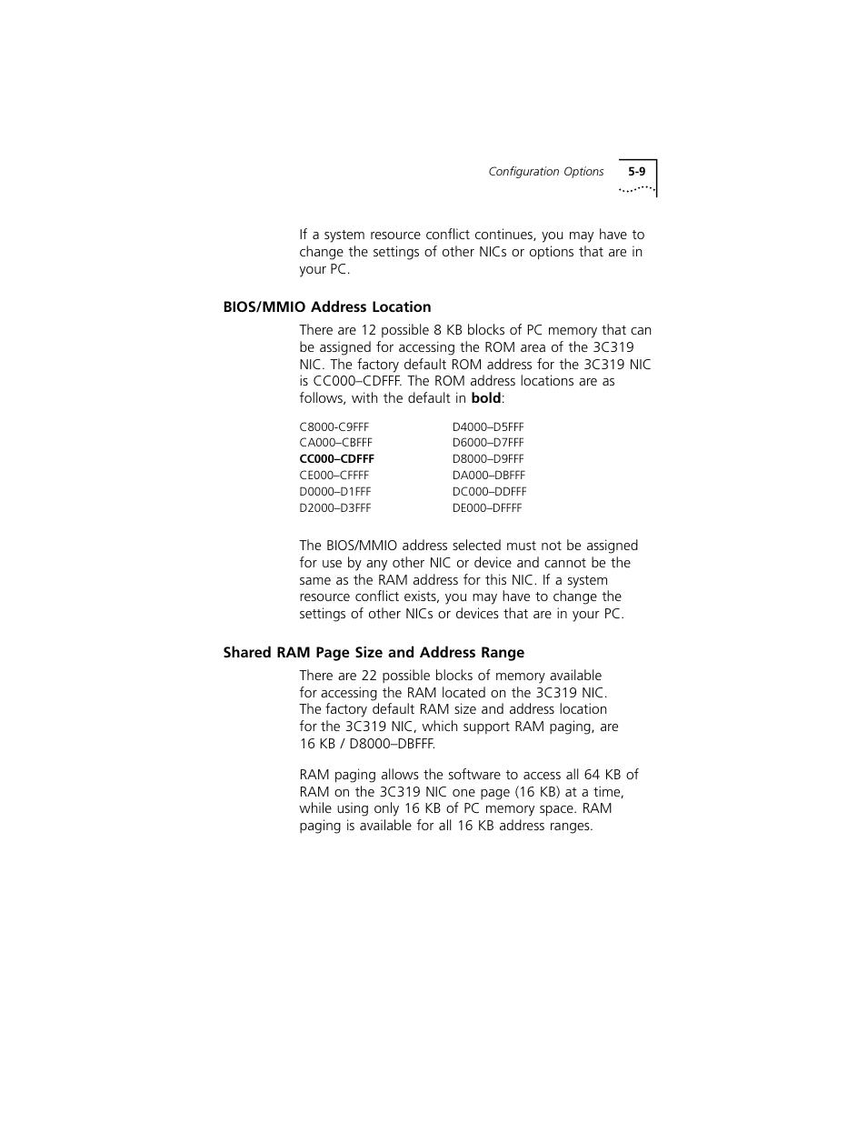 Bios/mmio address location, Bios/mmio address location 5-9 | 3Com 3C319 User Manual | Page 49 / 110