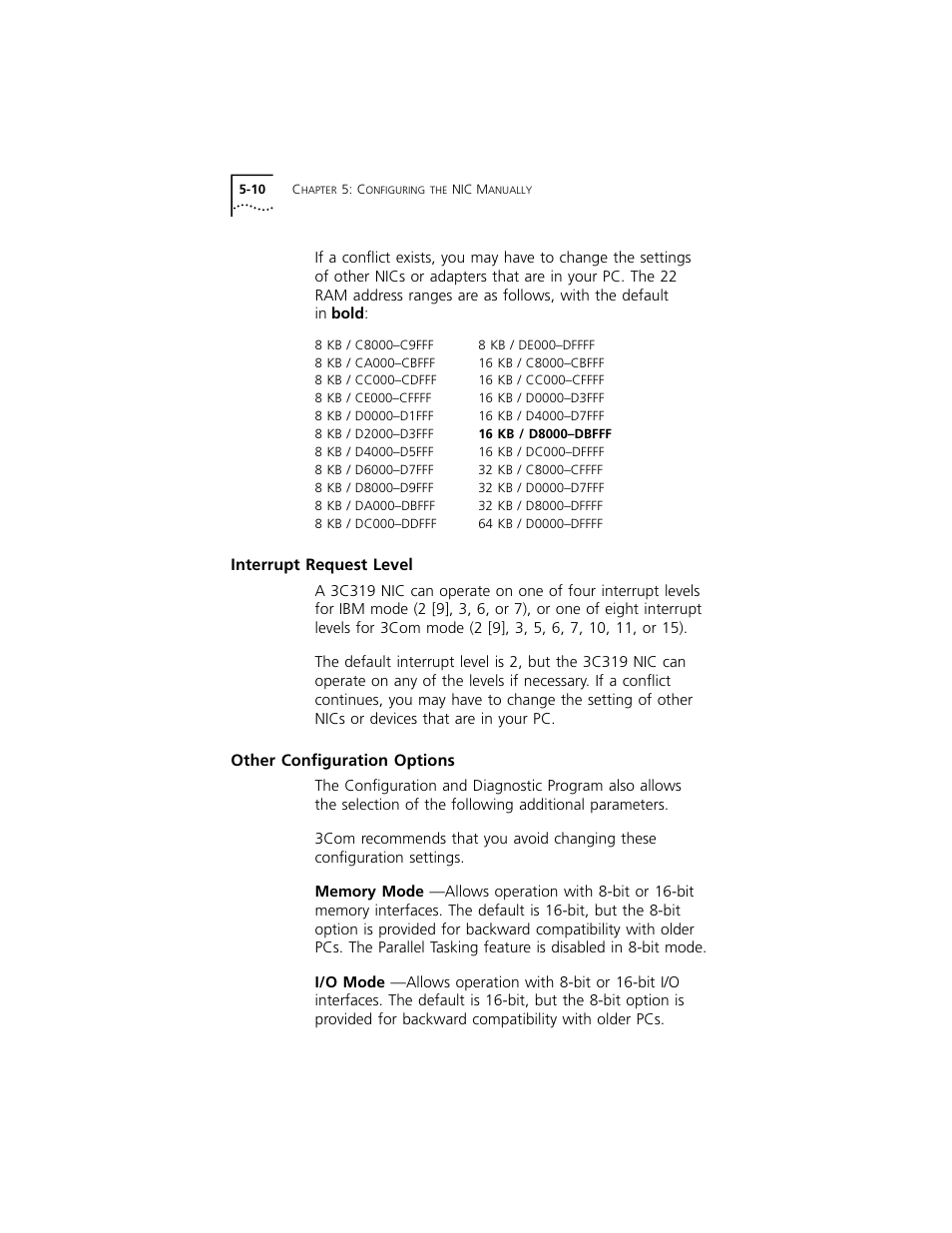 Interrupt request level, Other configuration options, Interrupt request level 5-10 | Other configuration options 5-10 | 3Com 3C319 User Manual | Page 50 / 110