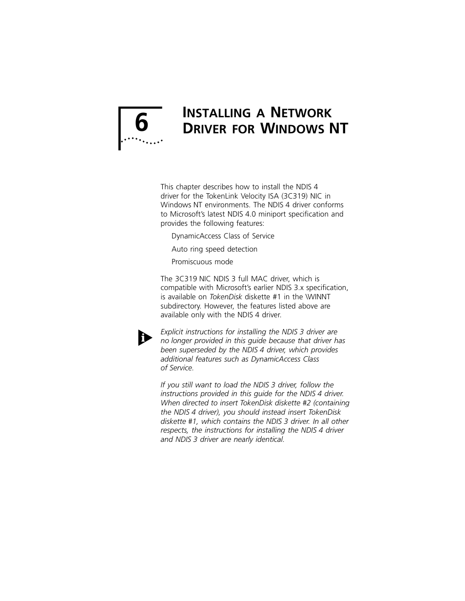 Installing a network driver for windowsnt, Nstalling, Etwork | River, Indows, Chapter 6, Installation instructions, see, Installing a, Network driver for windows nt, Installing a network driver for windows nt | 3Com 3C319 User Manual | Page 53 / 110