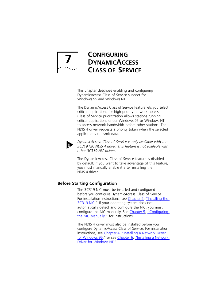 Configuring dynamicaccess classof service, Before starting configuration, Onfiguring | Ynamic, Ccess, Lass of, Ervice, Before starting configuration 7-1, Chapter 7, Configuring dynamicaccess class of service | 3Com 3C319 User Manual | Page 57 / 110