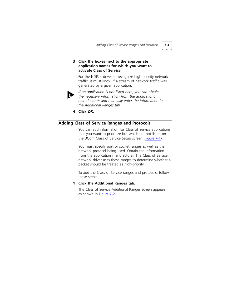 Adding class of service ranges and protocols, Adding class of service ranges and protocols 7-3 | 3Com 3C319 User Manual | Page 59 / 110