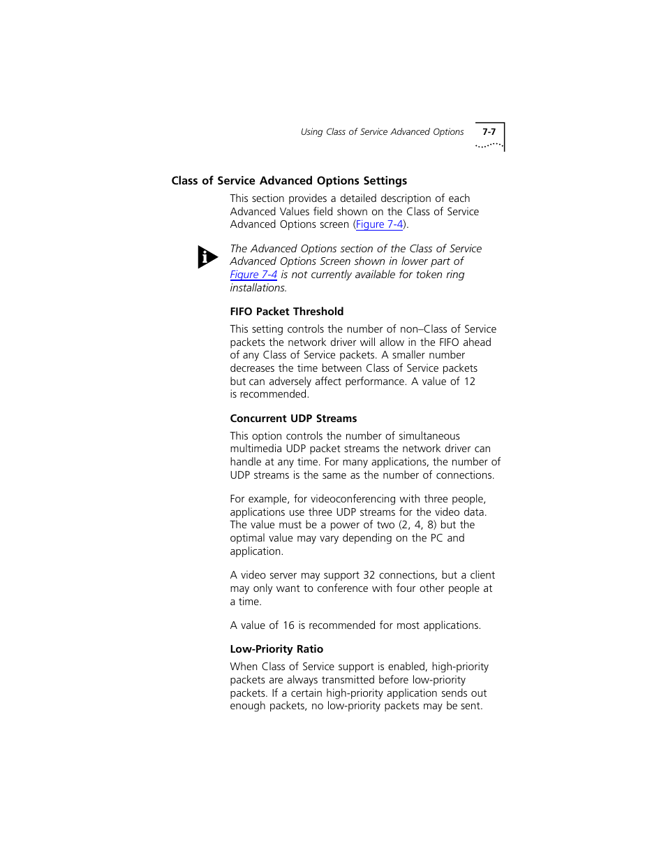 Class of service advanced options settings, Fifo packet threshold, Concurrent udp streams | Low-priority ratio, Class of service advanced options settings 7-7, Fifo packet threshold 7-7, Concurrent udp streams 7-7, Low-priority ratio 7-7 | 3Com 3C319 User Manual | Page 63 / 110