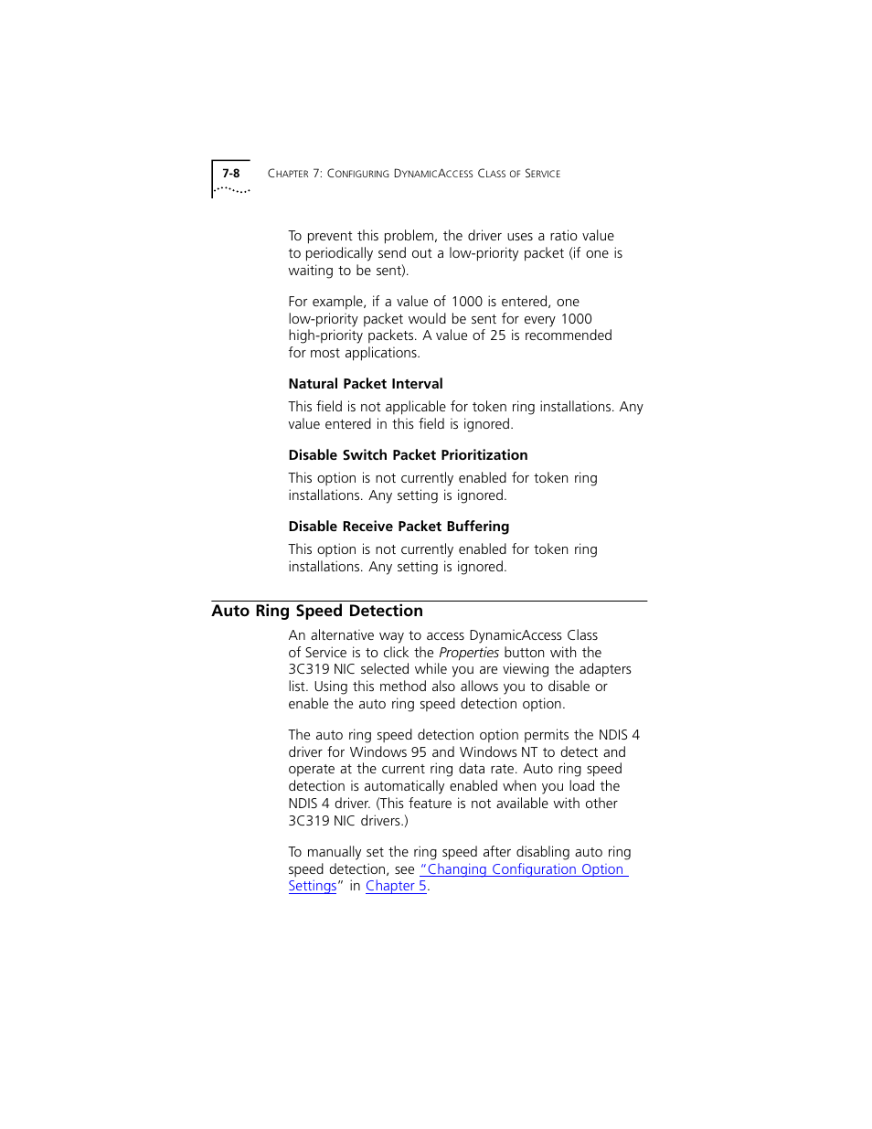 Natural packet interval, Disable switch packet prioritization, Disable receive packet buffering | Auto ring speed detection, Natural packet interval 7-8, Disable switch packet prioritization 7-8, Disable receive packet buffering 7-8, Auto ring speed detection 7-8, Auto ring, Speed detection | 3Com 3C319 User Manual | Page 64 / 110