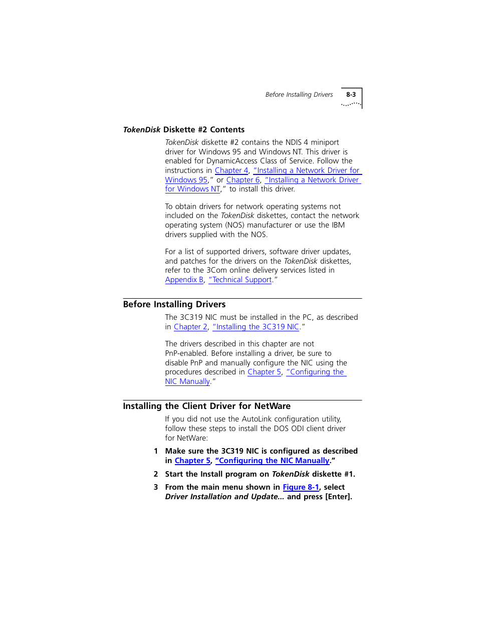 Tokendisk diskette #2 contents, Before installing drivers, Installing the client driver for netware | Tokendisk, Diskette, Before installing drivers 8-3, Installing the client driver for netware 8-3 | 3Com 3C319 User Manual | Page 71 / 110