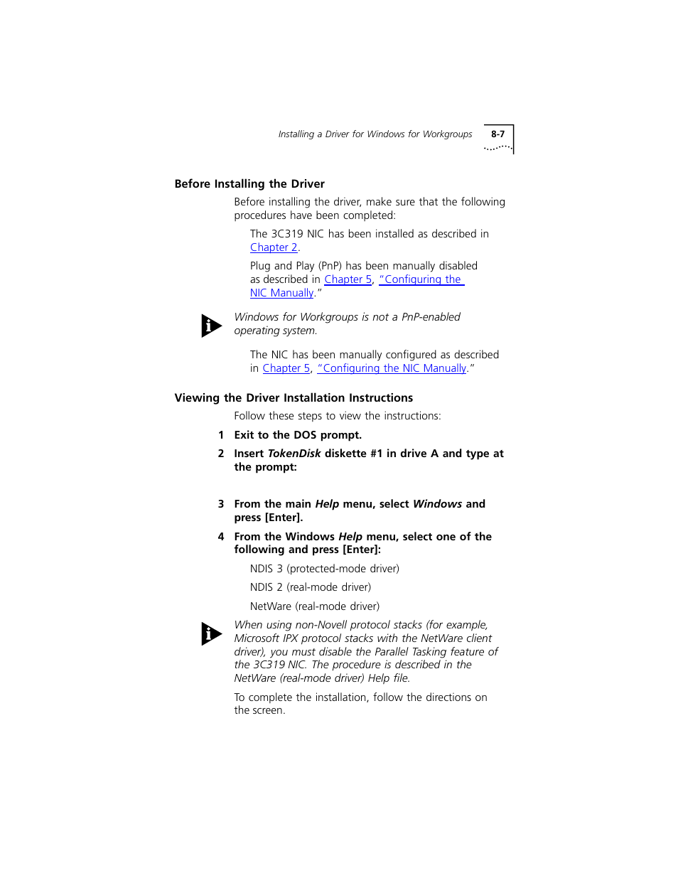 Before installing the driver, Viewing the driver installation instructions, Viewing the driver installation instructions 8-7 | 3Com 3C319 User Manual | Page 75 / 110