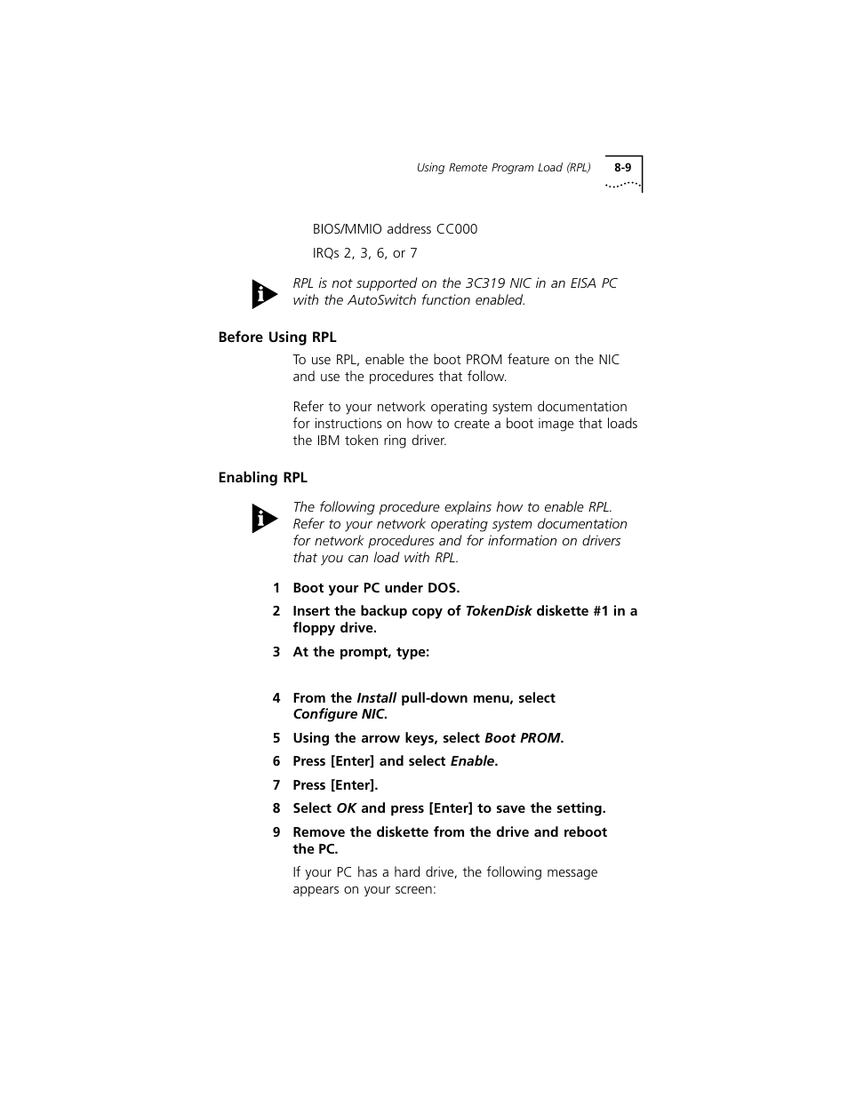 Before using rpl, Enabling rpl, Before using rpl 8-9 | Enabling rpl 8-9 | 3Com 3C319 User Manual | Page 77 / 110