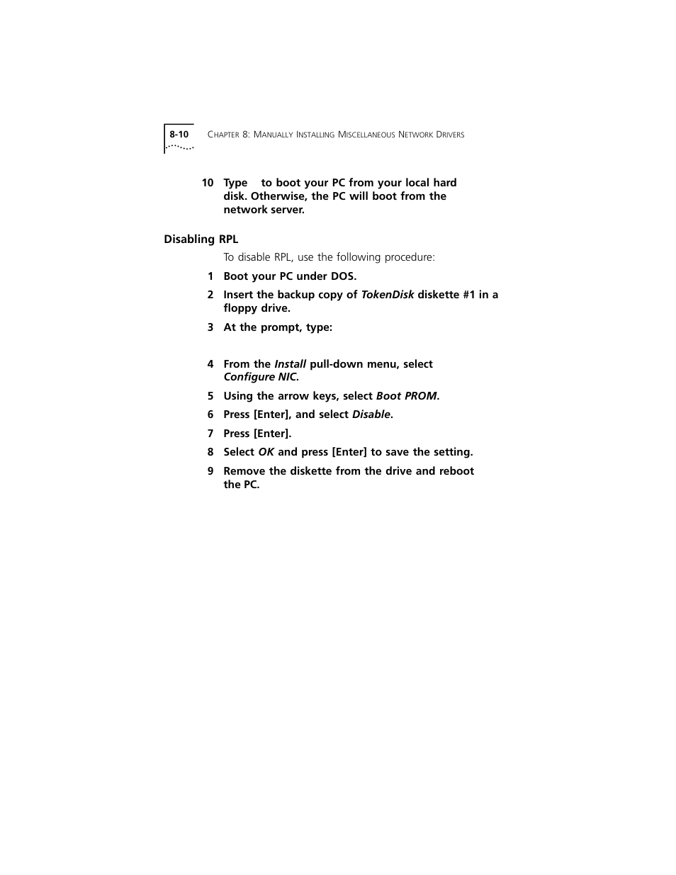 Disabling rpl, Disabling rpl 8-10 | 3Com 3C319 User Manual | Page 78 / 110