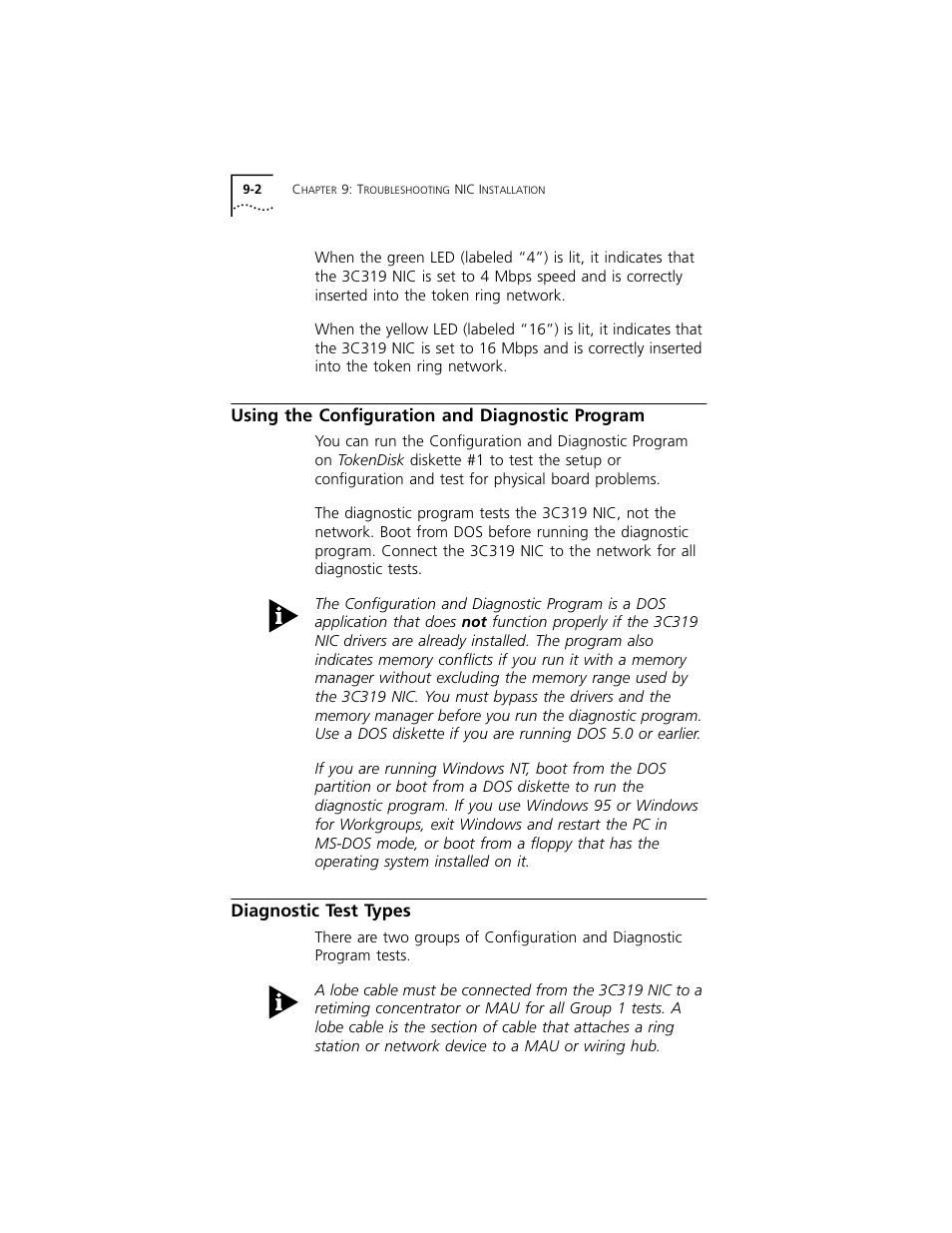 Using the configuration and diagnostic program, Diagnostic test types, Using the configuration and diagnostic program 9-2 | Diagnostic test types 9-2 | 3Com 3C319 User Manual | Page 80 / 110