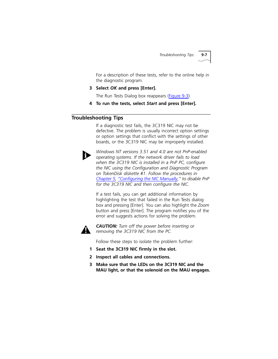 Troubleshooting tips, Troubleshooting tips 9-7 | 3Com 3C319 User Manual | Page 85 / 110