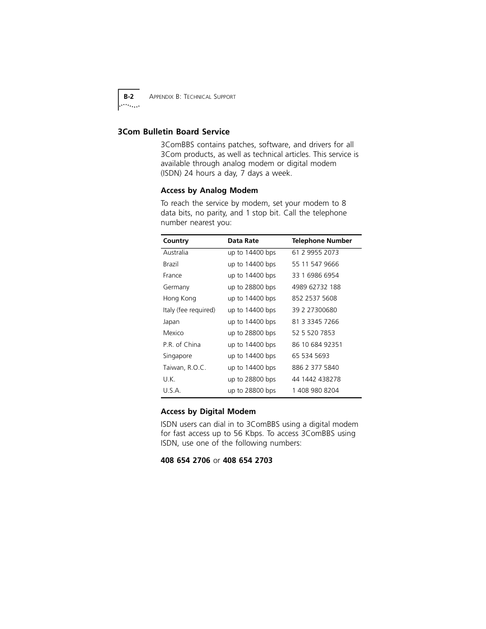 3com bulletin board service, Access by analog modem, Access by digital modem | 3com bulletin board service b-2, Access by analog modem b-2, Access by digital modem b-2 | 3Com 3C319 User Manual | Page 92 / 110