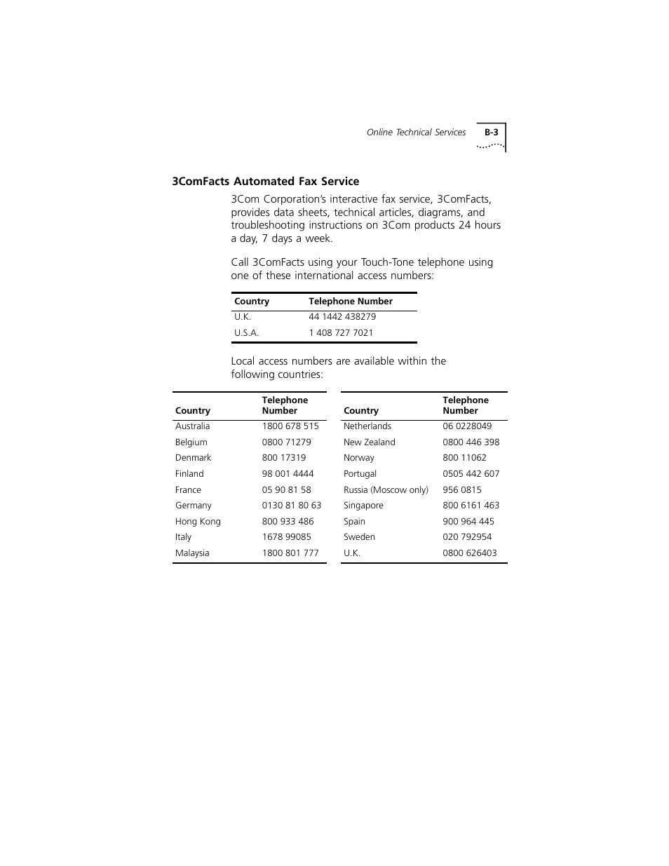 3comfacts automated fax service, 3comfacts automated fax service b-3 | 3Com 3C319 User Manual | Page 93 / 110