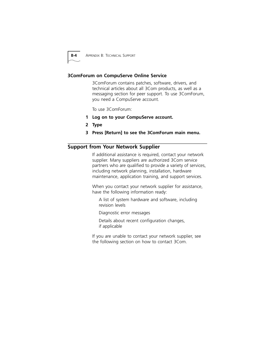 3comforum on compuserve online service, Support from your network supplier, 3comforum on compuserve online service b-4 | Support from your network supplier b-4 | 3Com 3C319 User Manual | Page 94 / 110