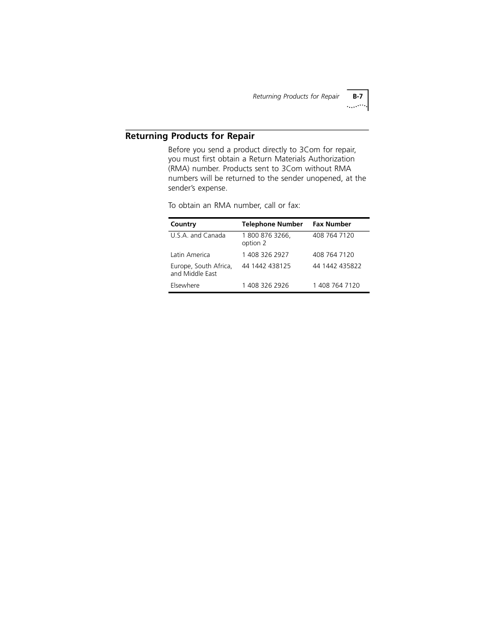 Returning products for repair, Returning products for repair b-7 | 3Com 3C319 User Manual | Page 97 / 110