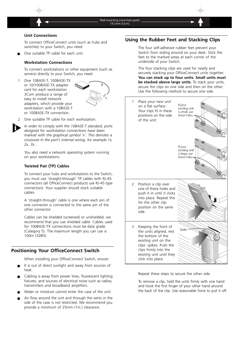 Positioning your officeconnect switch, Using the rubber feet and stacking clips | 3Com 1600 User Manual | Page 4 / 8