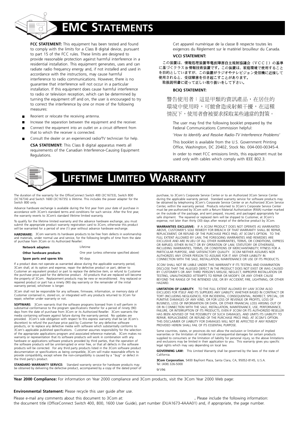 Emc s, Tatements, Ifetime | Imited, Arranty | 3Com 1600 User Manual | Page 8 / 8