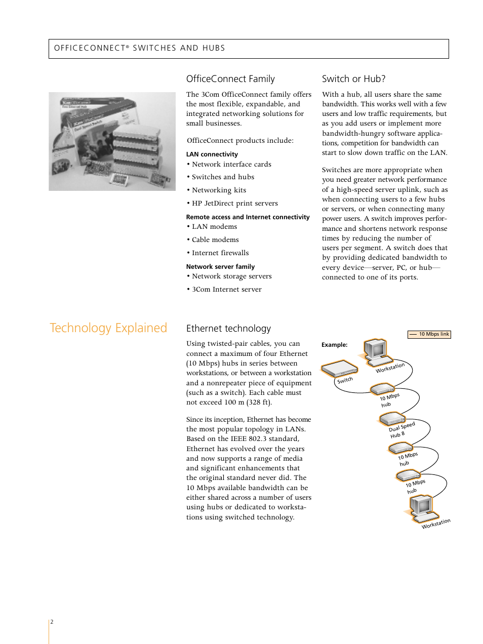 Technology explained, Ethernet technology, Officeconnect family | Switch or hub | 3Com Switches/Hub User Manual | Page 2 / 8