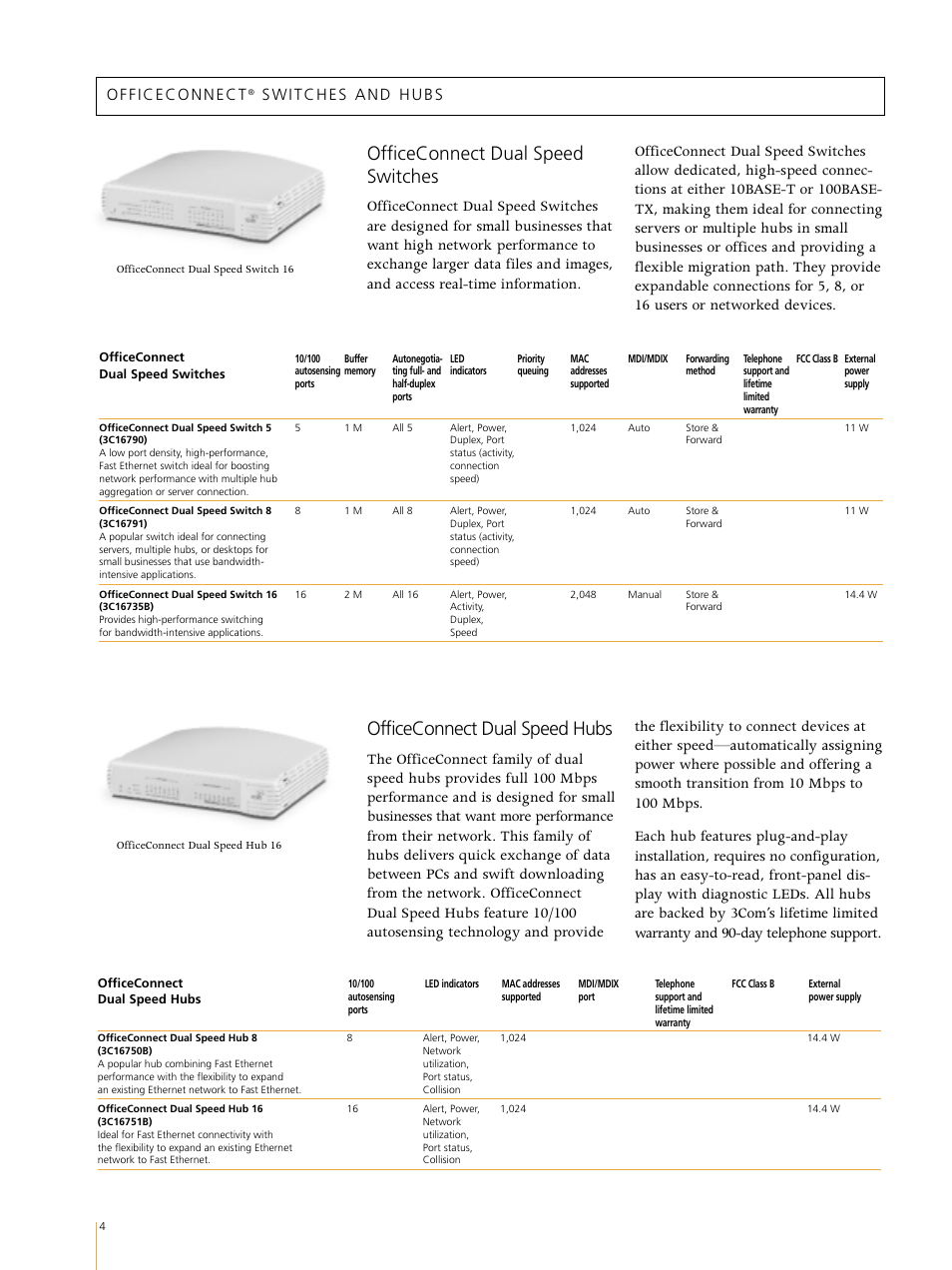Officeconnect dual speed switches, Officeconnect dual speed hubs | 3Com Switches/Hub User Manual | Page 4 / 8