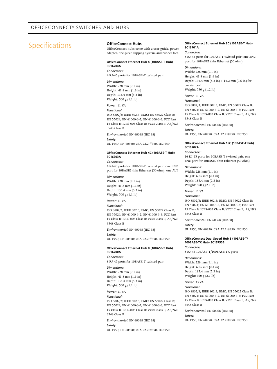 Specifications | 3Com Switches/Hub User Manual | Page 7 / 8
