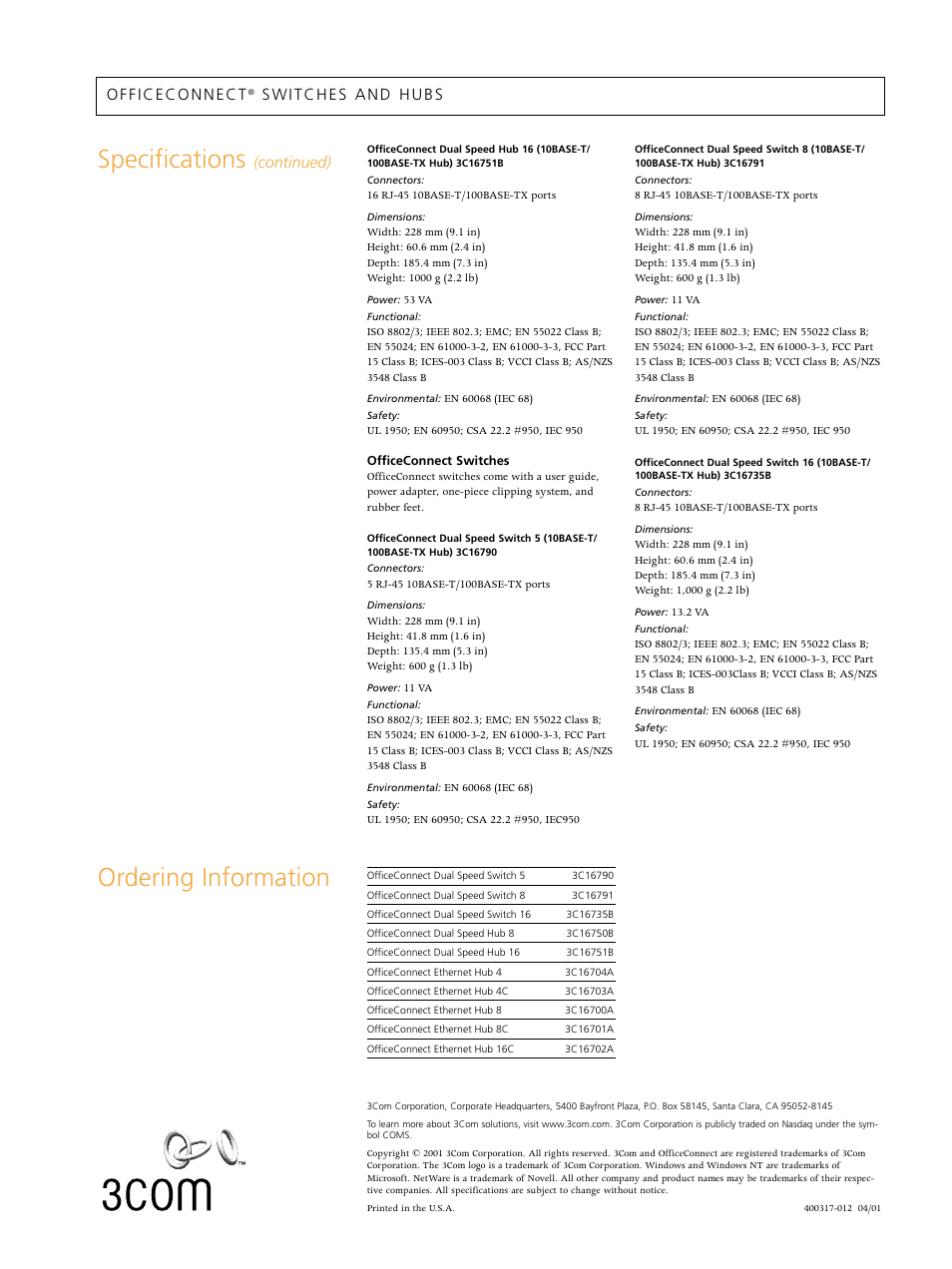 Specifications, Ordering information, Continued) | 3Com Switches/Hub User Manual | Page 8 / 8