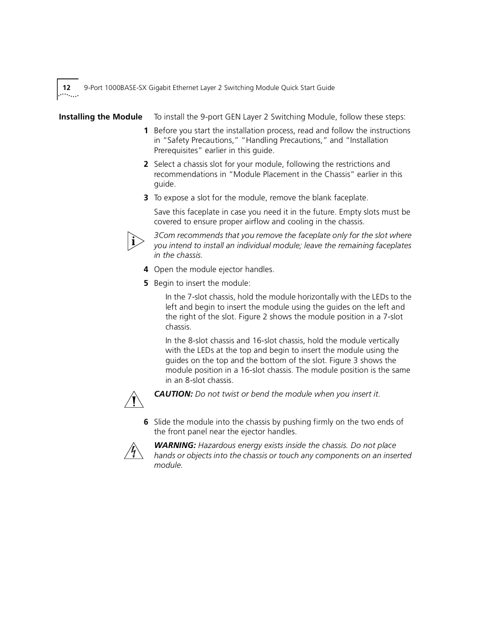 Installing the module | 3Com 1000BASE-SX User Manual | Page 12 / 24