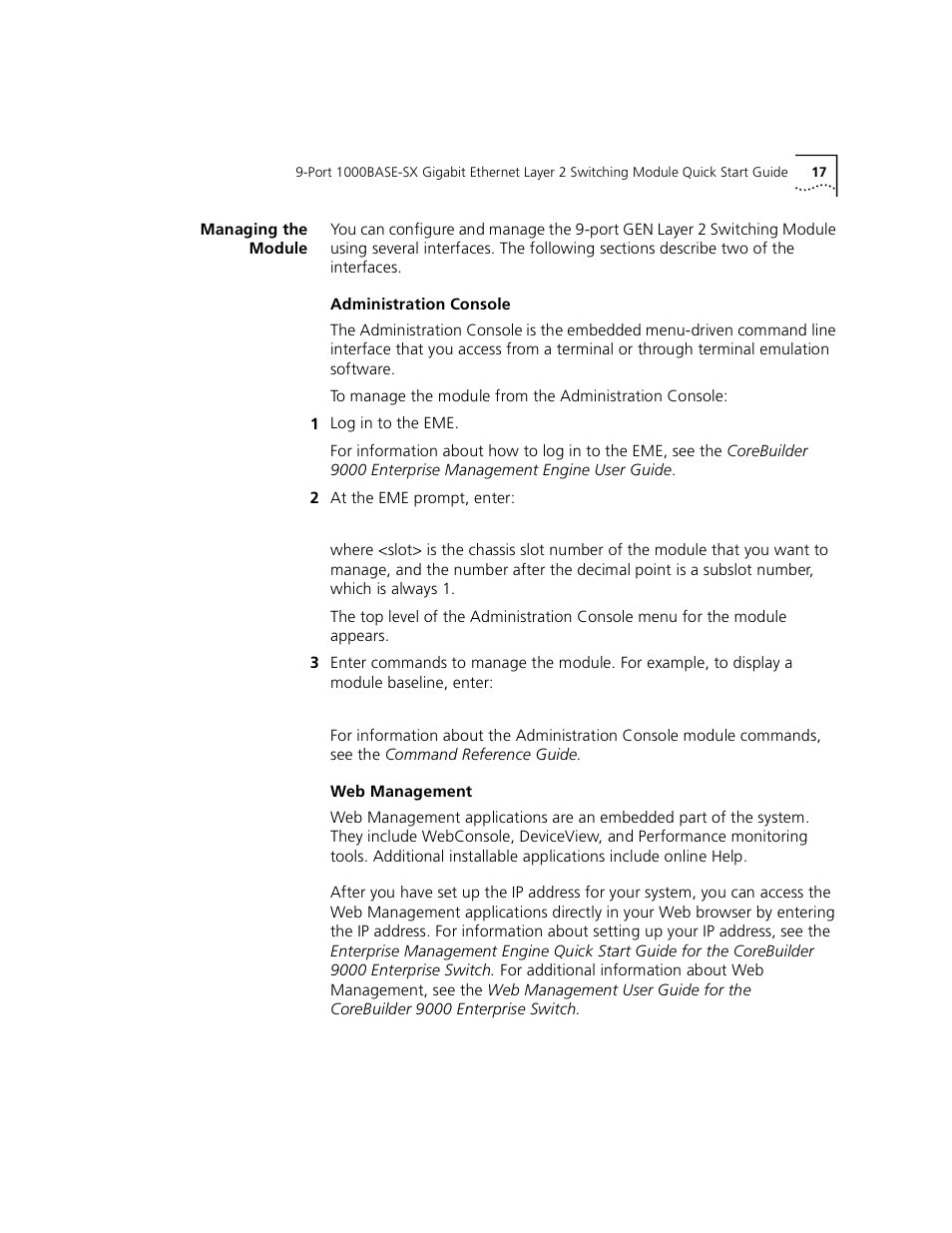 Managing the module, Administration console, Web management | 3Com 1000BASE-SX User Manual | Page 17 / 24