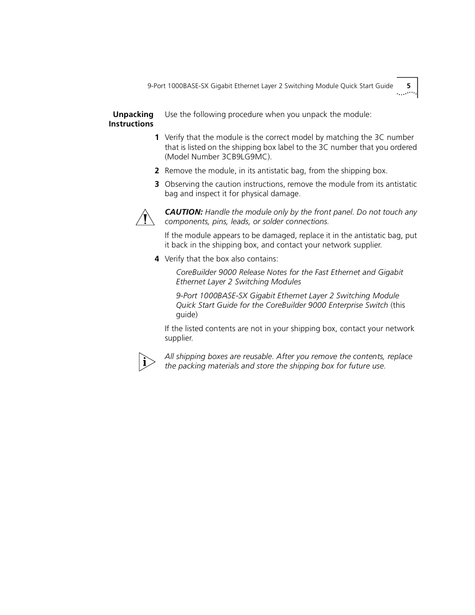 Unpacking instructions | 3Com 1000BASE-SX User Manual | Page 5 / 24