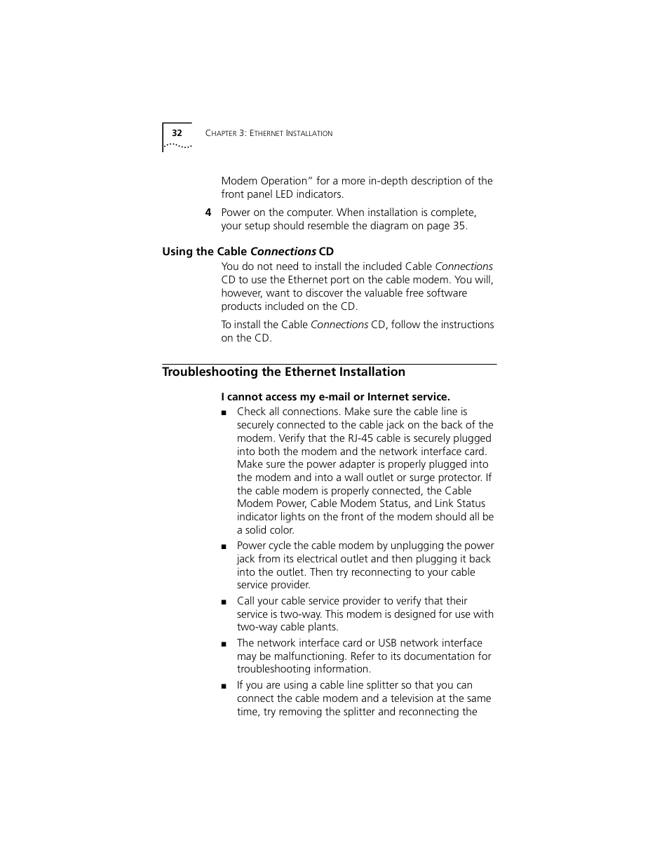 Troubleshooting the ethernet installation | 3Com Cable Modem External User Manual | Page 36 / 62