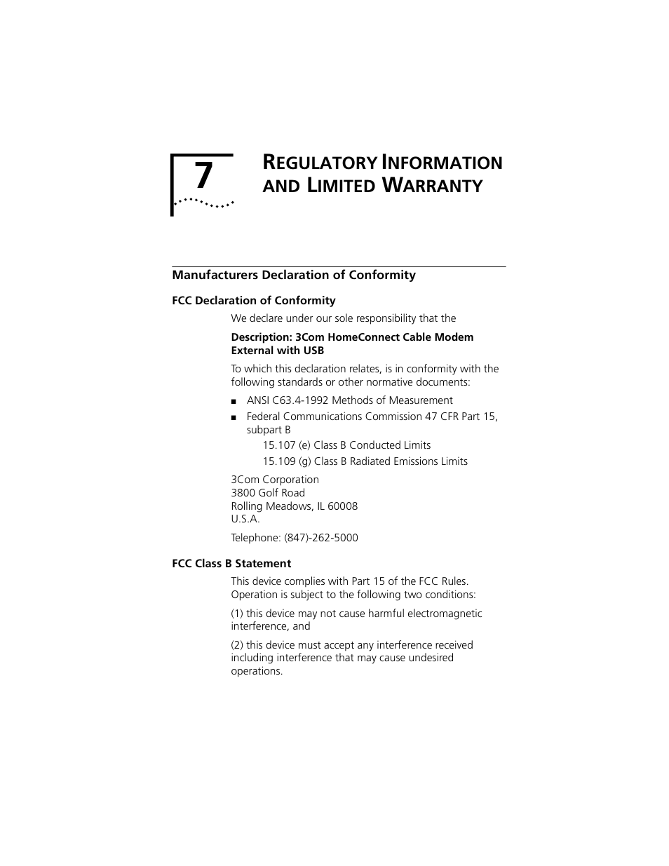 Egulatory, Nformation, Imited | Arranty | 3Com Cable Modem External User Manual | Page 53 / 62