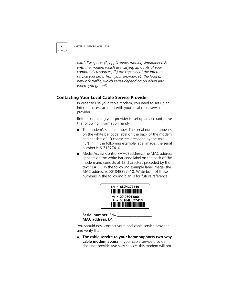 Contacting your local cable service provider | 3Com Cable Modem External User Manual | Page 6 / 62