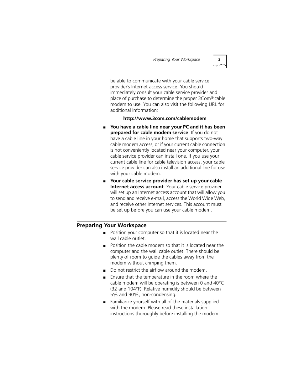 Preparing your workspace | 3Com Cable Modem External User Manual | Page 7 / 62