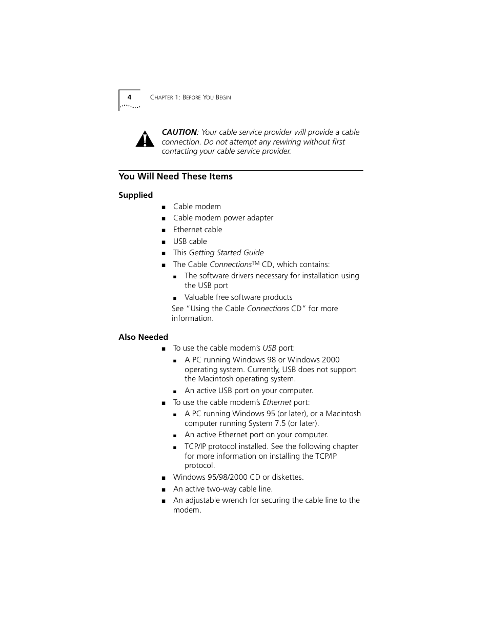 You will need these items, Supplied, Also needed | 3Com Cable Modem External User Manual | Page 8 / 62