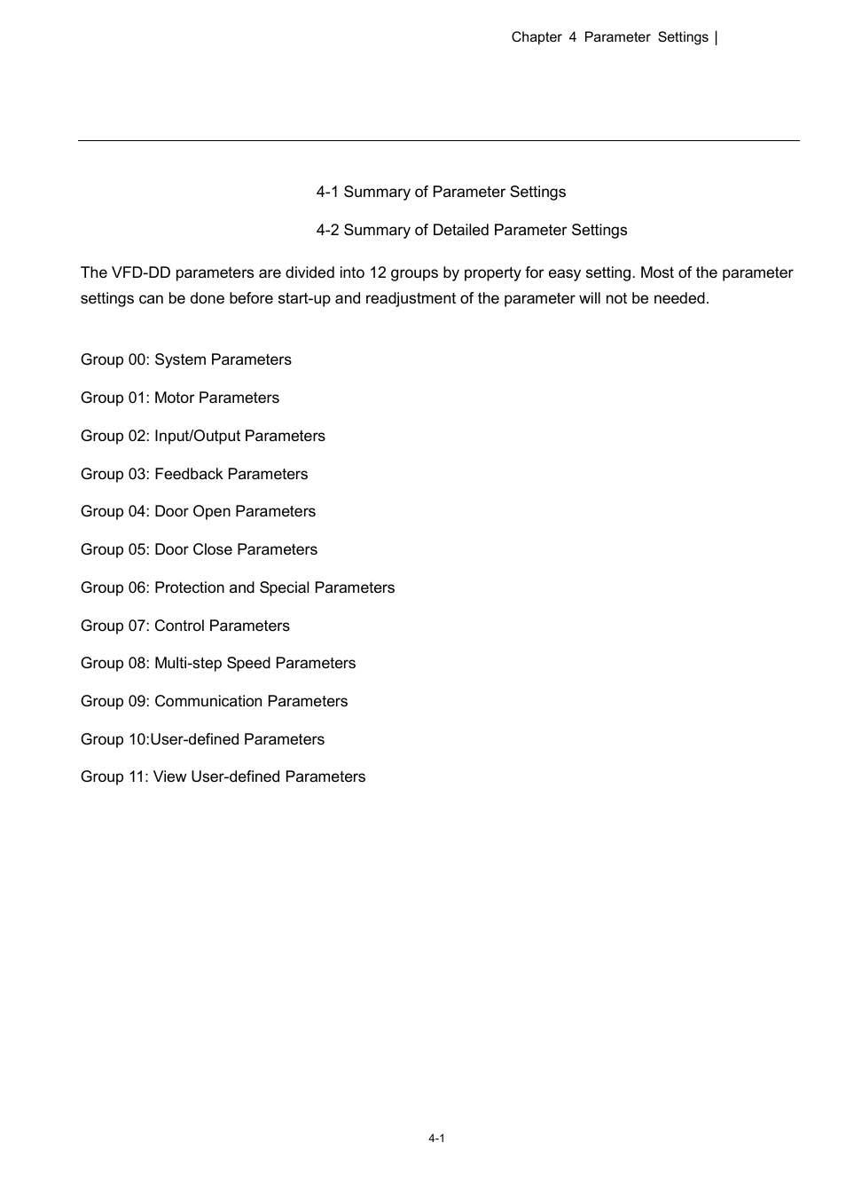 Chapter 4 parameter settings | Delta 1.07 VFD-D D User Manual | Page 25 / 141