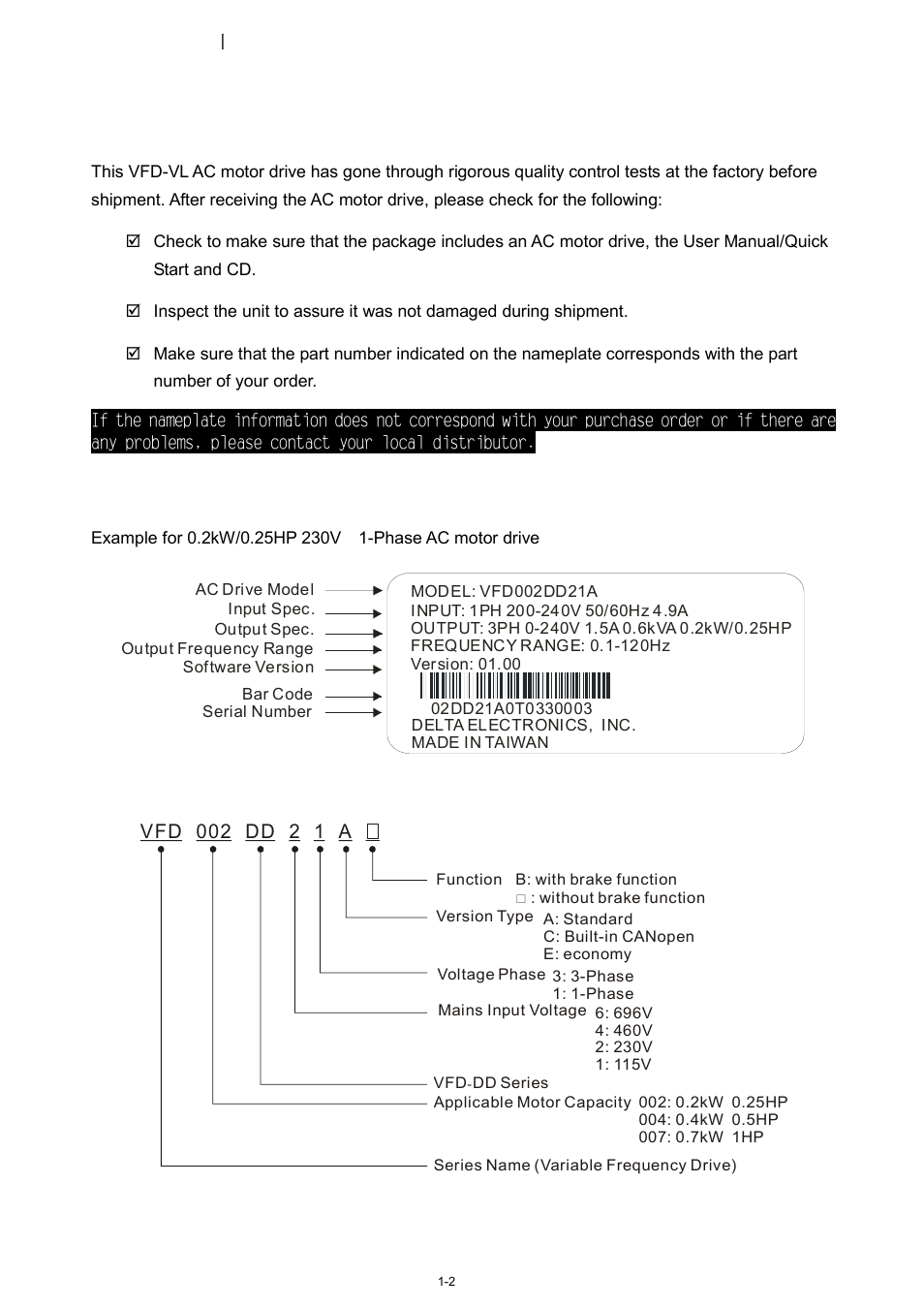 1 receiving and inspection, Nameplate information, Explanation for model | Delta 1.07 VFD-D D User Manual | Page 8 / 141