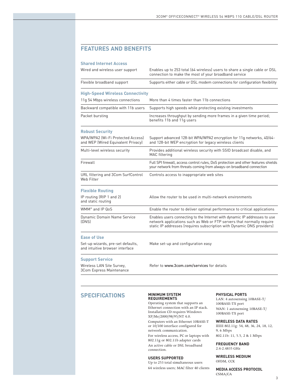 Features and benefits, Specifications | 3Com WL-537 User Manual | Page 3 / 4