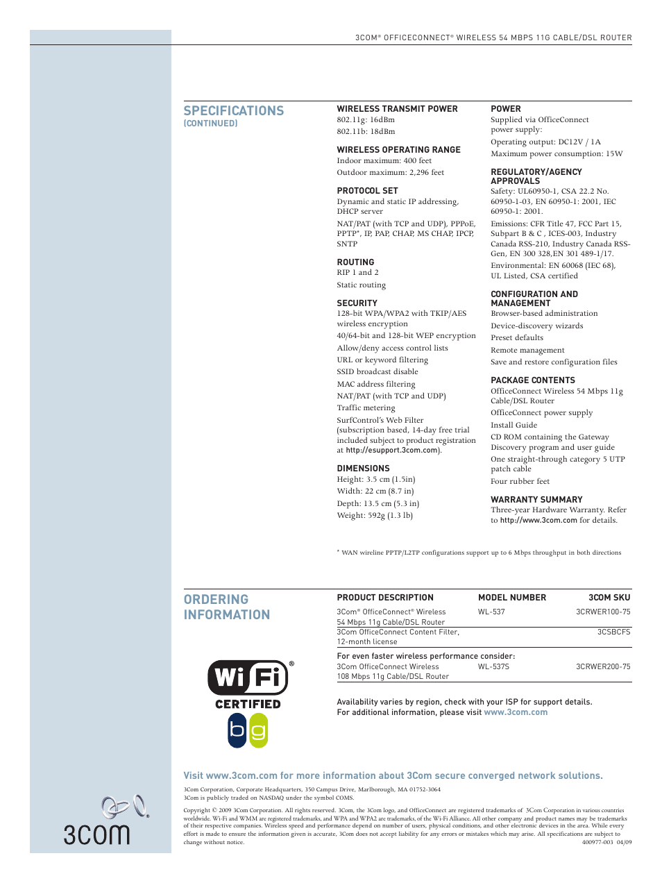 Ordering information specifications | 3Com WL-537 User Manual | Page 4 / 4