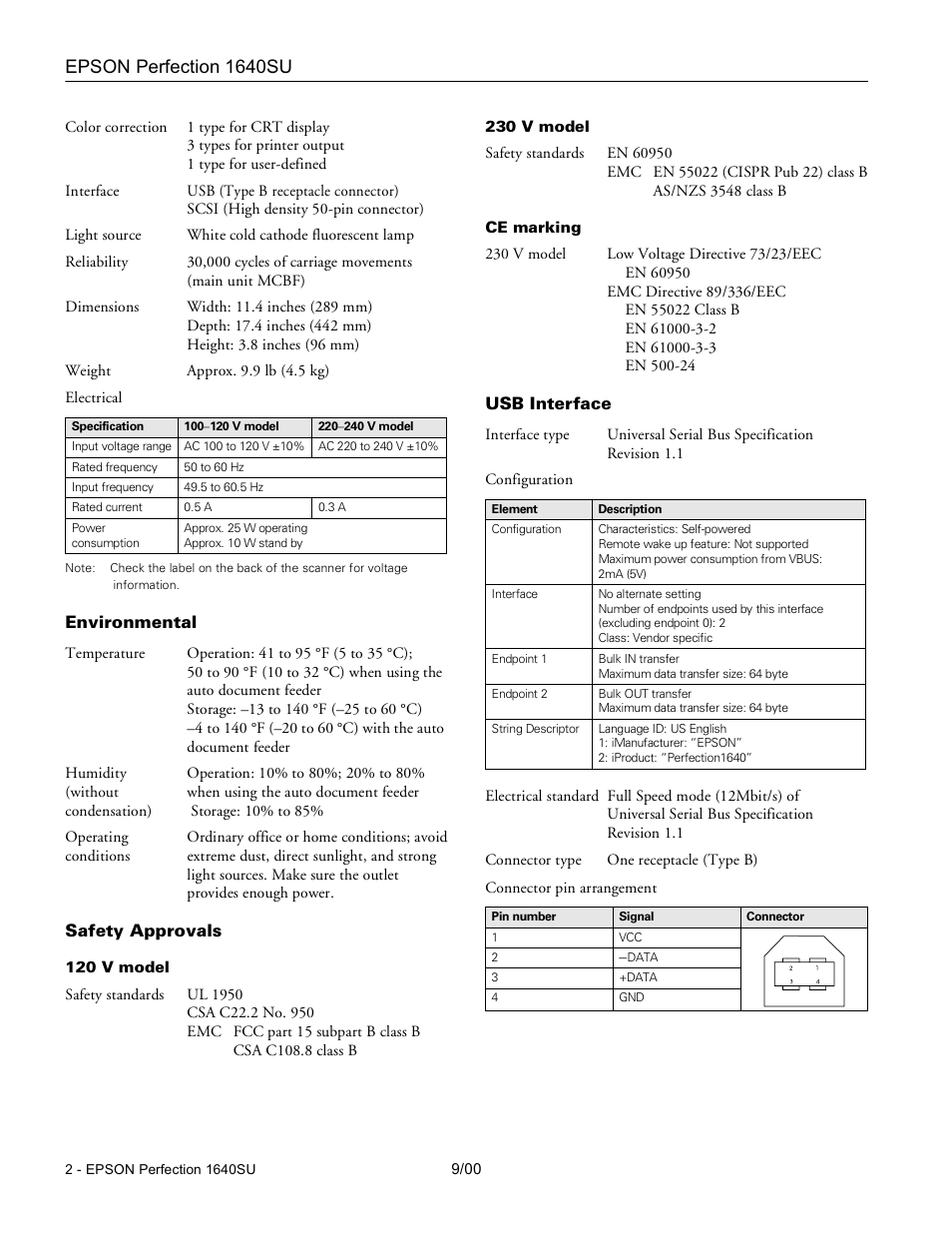 Environmental, Safety approvals, Usb interface | Epson 1640SU User Manual | Page 2 / 6