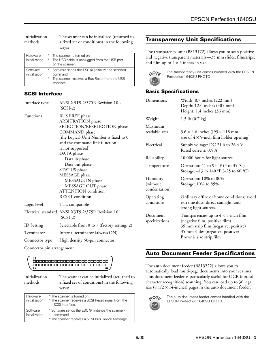 Scsi interface, Transparency unit specifications, Basic specifications | Auto document feeder specifications | Epson 1640SU User Manual | Page 3 / 6