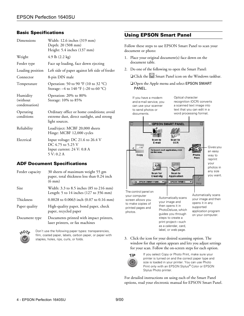 Basic specifications, Adf document specifications, Using epson smart panel | Epson 1640SU User Manual | Page 4 / 6