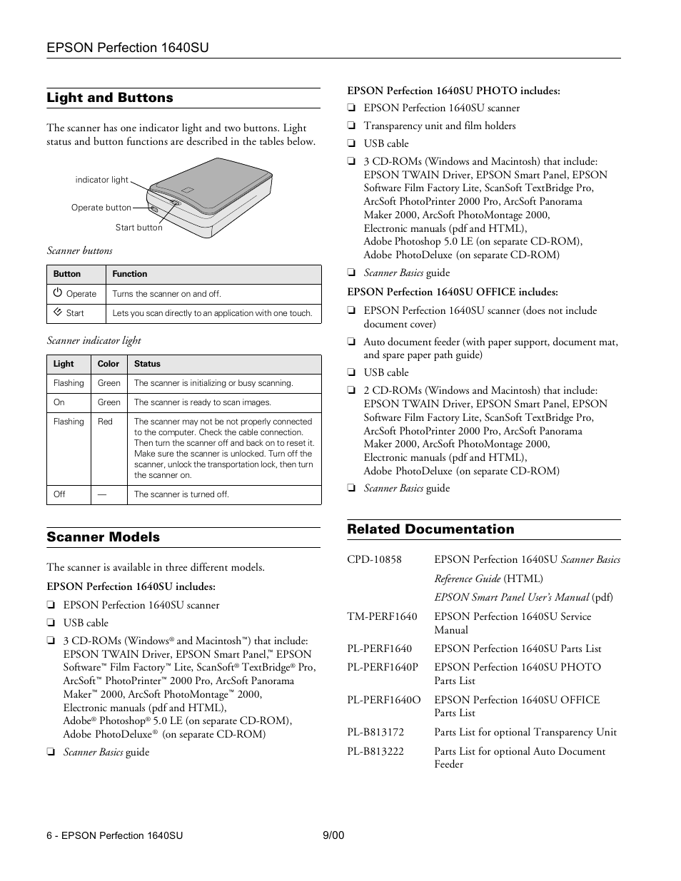 Light and buttons, Scanner models, Related documentation | Epson 1640SU User Manual | Page 6 / 6