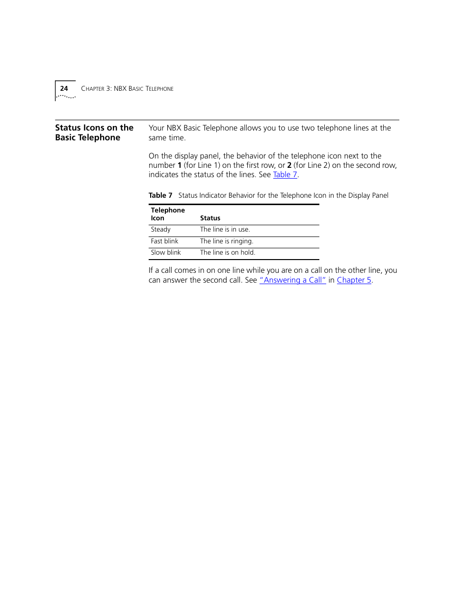 Status icons on the basic telephone, Table 7 | 3Com 2101 User Manual | Page 24 / 96