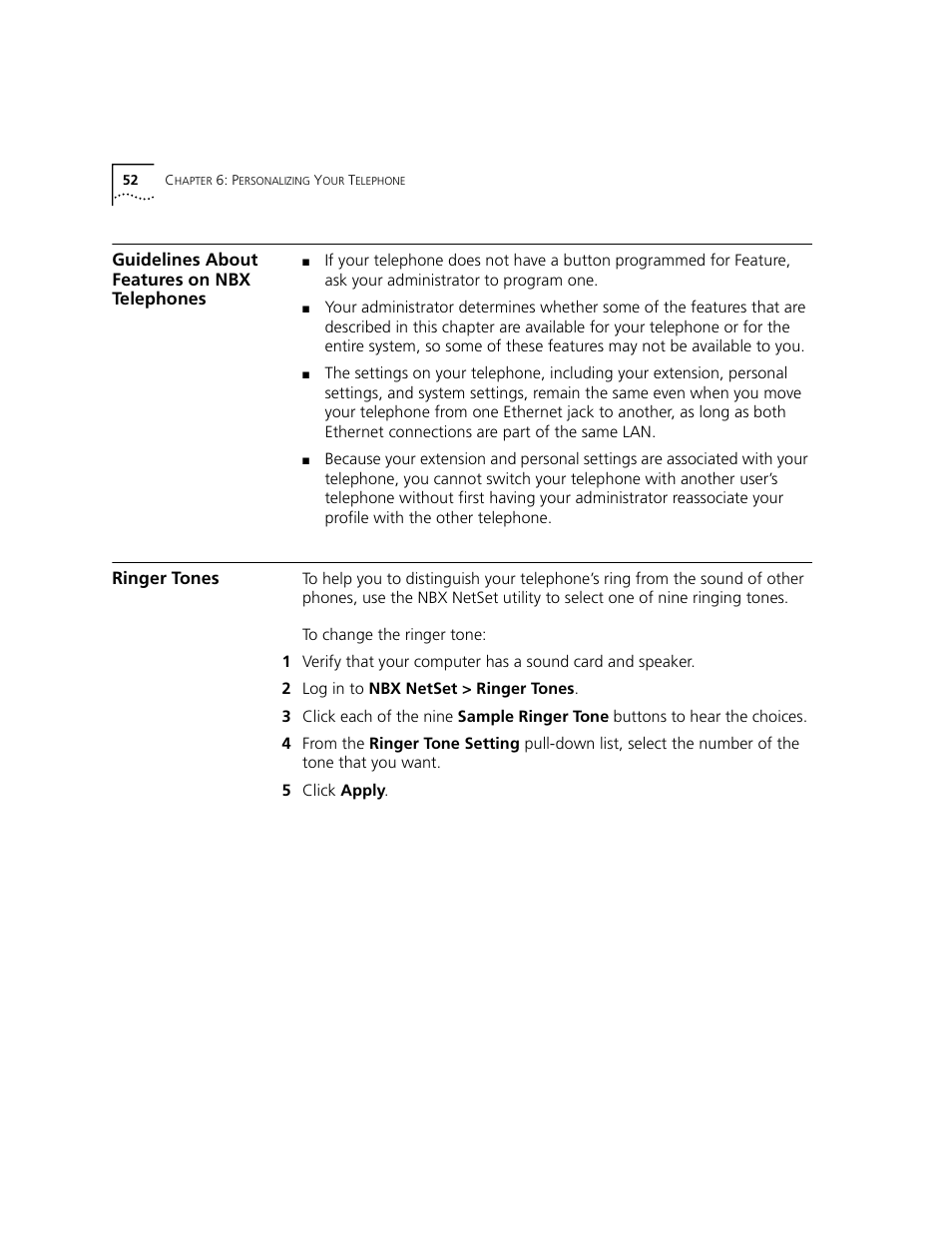 Guidelines about features on nbx telephones, Ringer tones | 3Com 2101 User Manual | Page 52 / 96